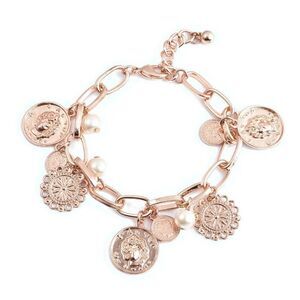 Coin Collection White Glass Pearl Charm Bracelet in Rosetone and Iron (7.50 In)